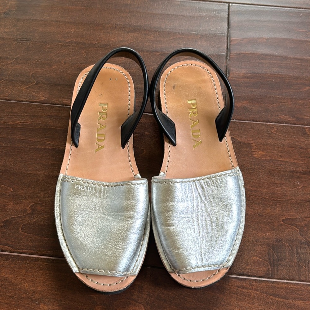 Prada silver and black sling back sandal/flates